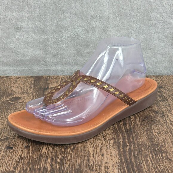 FitFlop Strata Thong Sandals Flip Flops 9 Brown Metallic Gold Whipstitch Support - Picture 1 of 13